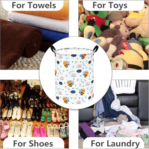 MAIZMZ Rainbow Bee Print Canvas Laundry Basket,Waterproof Storage Bin with Handles 15.7" D×19.7" H Foldable Toy Organizer Decor Gift Basket for Kids' Bedroom & Home Organization - color: Rainbow Bee