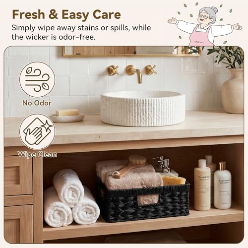 GRANNY SAYS Wicker Basket for Organizing, Wicker Storage Baskets for Shelves, Woven Baskets for Pantry Storage, Shallow Basket, Black, 1Pack - color: Black, size: 13"L x 10¾"W x 4¾"H