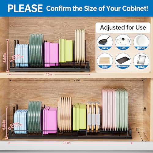 Expandable Food Container Lid Organizer, 9 Adjustable Dividers Sturdy Metal Pot and Pan Organizer Rack for Kitchen Cabinets, Drawers, Pantry Shelves, Countertops, Black, 8.15" Wide - color: Black,13"-21" Expandable,9 Dividers