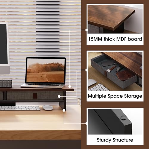 Fenge Monitor Stand with Drawer, 2 Tiers Dual Monitor Riser for Desk, 35 Inch Computer Stand for 2 Monitors, Desk Shelf for Home, Office, Laptop, PC, TV, Printer - color: Brown