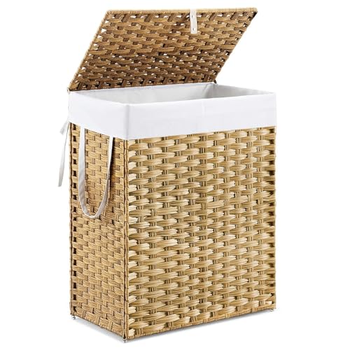 DUMOS Woven Laundry Basket with Lid, 90L Large Capacity Hamper, Removable & Machine-Washable Liner, Foldable Rattan Clothes Hamper, Sturdy Steel Frame, Odor Control, Goose Yellow - color: Goose Yellow, size: 90L