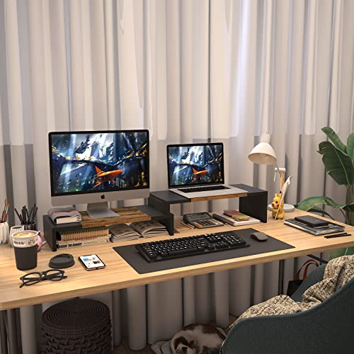 WESTREE Dual Monitor Stand - Riser 2 Shelf Computer with Adjustable Length and Angle, Stands for Monitors, Desktop Organizer PC, Computer, Laptop - color: Rustic Brown