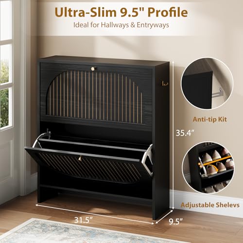 Nicetree Arch-Chic Shoe Cabinet for Entryway, Modern Mid-Century Shoe Storage Cabinet with Fluted, Narrow Shoe Rack with Adjustable Shelves & Tipping Protection, Fits Size 12 Shoes,Black - color: Black, style: 2 Flip Drawer - Fluted Arch