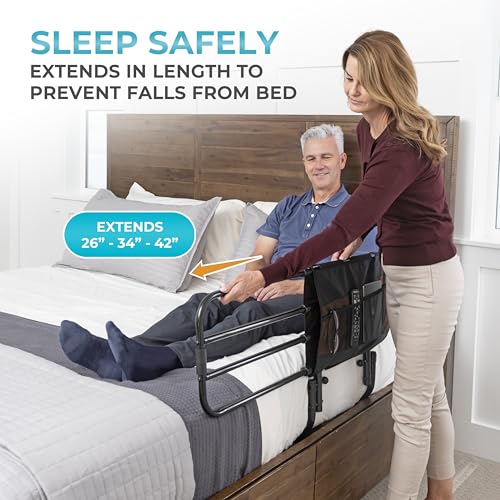 Stander EZ Adjust Bed Rail, Adjustable Senior Bedrail and Safety Assist Railing for Elderly Adults with Organizer Pouch, ASTM Safety Approved Guard-Rail, Black