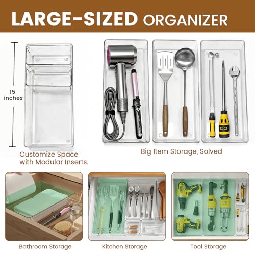 21 PCS Clear Plastic Drawer Organizer Set with 15 Inch Extra Long Bins, 5 Sizes Acrylic Makeup Organizer and Storage Trays, Non Slip Dividers for Vanity, Kitchen and Office - style: 21pcs with 15inches organizer