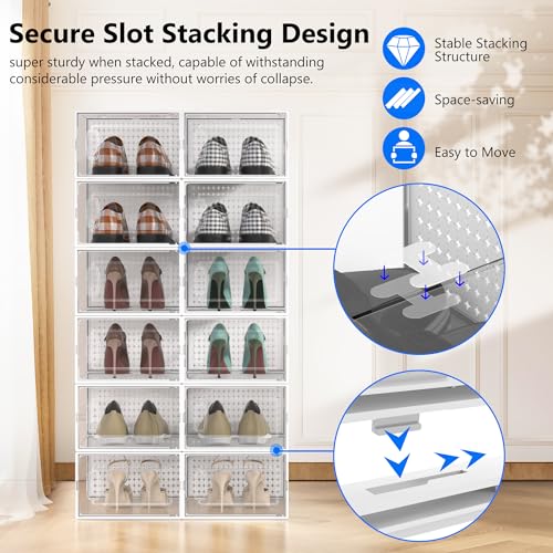 12 Pack X-Large Modular Clear Plastic Stackable Shoe Storage Organizer for Closet, Portable Space Saving Versatile Sneaker Shoe Rack Containers Bins Holders, White0303