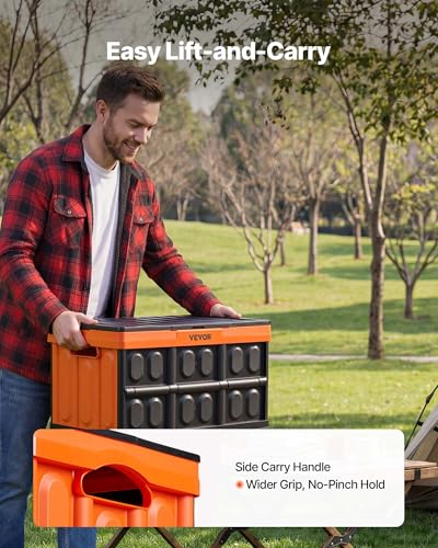 VEVOR Plastic Collapsible Storage Bins with Lids, 45L 3Packs, Stackable Folding Storage Crates with Handles, Holds 44 lbs Per Bin, Heavy Duty Containers, Space-Saving Baskets, for Home Organizing - size: 45L-Orange-3PC