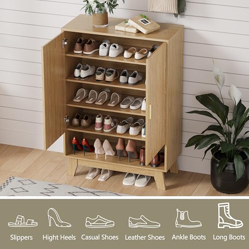 Shoe Cabinet Storage for Entryway, 5 Tier Fluted Shoe Storage Cabinet with Wooden Legs, Narrow Hidden Shoe Organizer with Adjustable Shelves, Freestanding Shoe Rack for Entryway, Hallway, Oak - color: Oak, size: 5 Tier