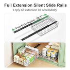 Pull out Cabinet Organizer, Stainless Steel 2-Pack Slide out Drawer with Silent Full-Extension Slides, Adhesive Roll out Can Spice Storage Basket Shelf Rack for Pantry, Kitchen, Bathroom, Home Closet