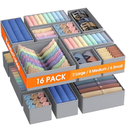 TasticTotes Drawer Organizer Clothes, 16 Pack Drawer Organizers and Underwear Organizer for Nursery, Dividers Clothes Organizer, Closet Organization and Foldable Storage Bins for Socks, Bra, Tie, Grey - color: Grey