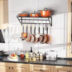OROPY 31 Inch Wall Mounted Pot Rack Storage Shelf with 2 Tier Hanging Rails 14 S Hooks included, Ideal for Pans, Utensils, Cookware - Black - size: 31.5 Inch