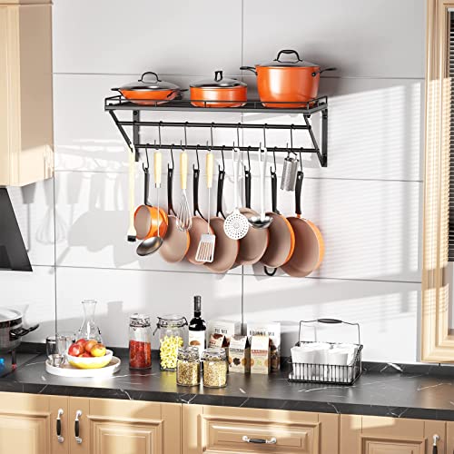 OROPY 31 Inch Wall Mounted Pot Rack Storage Shelf with 2 Tier Hanging Rails 14 S Hooks included, Ideal for Pans, Utensils, Cookware - Black - size: 31.5 Inch