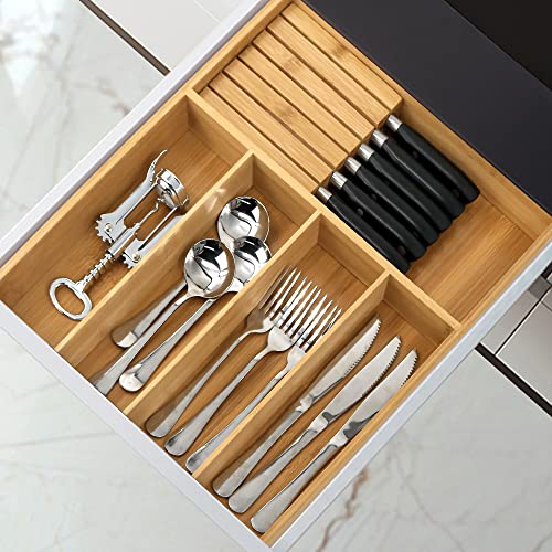 VaeFae Bamboo Silverware Organizer (Non-expandable), Utensil Holder for Drawer, Cutlery Tray with Divider for Kitchen Drawer, Utensil Organizer with Knife Block - color: Natural, size: Small - Non-expandable with Block