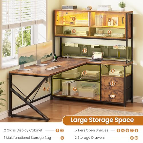 SEDETA L Shaped Computer Desk, Home Office Desk with 2 Drawer and Bookshelf, L Shaped Gaming Desk with LED Light, Glass Cabinet and Storage Bag, Corner Desk with Storage Shelves, Rustic Brown - color: Rustic Brown