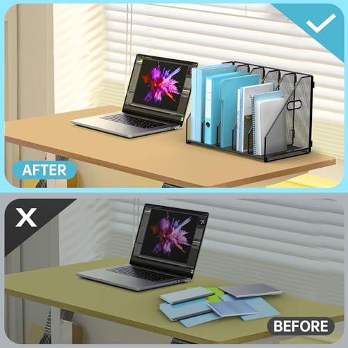 MINDEPOT Desk File Organizer Metal Desk Magazine Folder Holder with 5 Vertical Compartments Rack File Organizer for Office, Home, School, Black - color: Black
