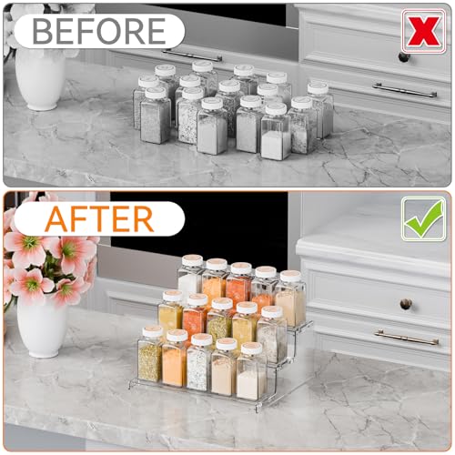 Yieach 2 Pack Tiered Spice Rack Organizer for Cabinet,Pantry,3 Tier Clear Acrylic Spice Rack Organizer & Holder,Step Shelves for Vitamin,Medicine Bottle,Jar,Can,Condiment Organizer and Seasoning Shelf