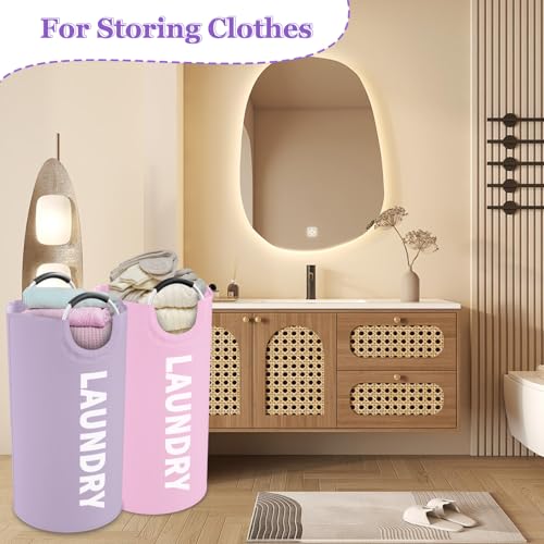 2Pcs 95L Purple + Pink Laundry Basket, Folding Laundry Hampers for Women with Soft Handles, Freestanding Dirty Clothes Basket, Sturdy Oxford Fabric Clothes Hampers for Travel, Dormitory - color: Purple + Pink, size: L-95L