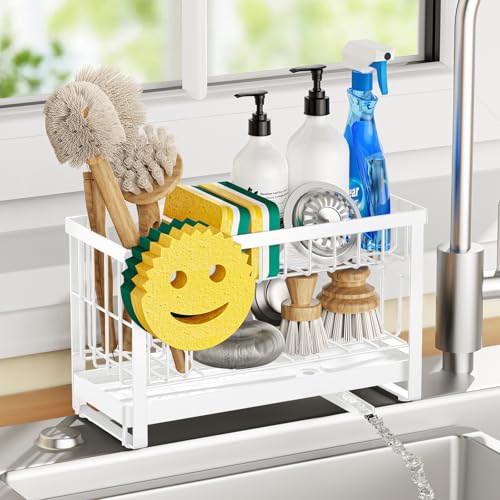 Sponge Holder for Kitchen Sink with Flexible Sponge Holder Smiley Face,2 Tier Kitchen Sink Organizer Countertop and Storage Essentials,Soap Dispenser Organize,Home Decor Accessories-White - color: 2 Tier White