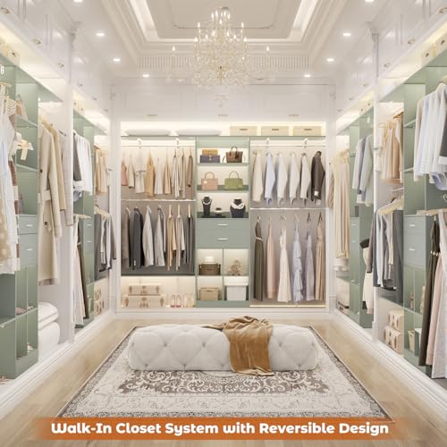 Besiost Closet System - 8FT Closet Organizer System with Wooden Drawers, 96" Closet Systems for Walk-In Closets with Cuttable Hanging Shelving, Green - color: Crab Green, size: 8FT