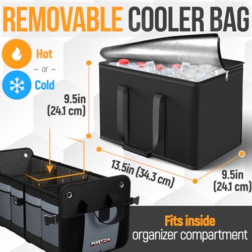 FORTEM Trunk Organizer with Cooler For SUV Car Organizer and Storage, Collapsible Multi-Compartment, Perfect Christmas Gifts For Men, Women, 1680D Oxford, Non Slip Bottom, Straps, Soft Cover 110L - color: Grey, size: Double Extra Large (110L)