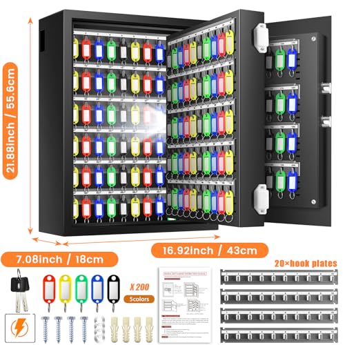 Nebakne 200 Keys Fireproof Key Safe with Hook Plates and Key Tags, Anti-Theft Key Lock Box Wall Mount with Combination Lock, Heavy Duty Key Box Key Cabinet Key Organizer for Home Office Garage - size: 200 Keys