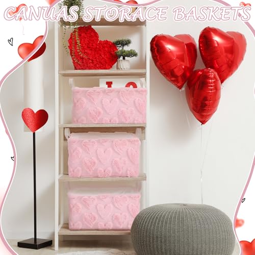 Kathfly Pink Heart Storage Baskets Valentine's Day Plush Faux Fur Jacquard Design Laundry Basket with Handles Waterproof Storage Bins Fabric Shelf Baskets for Organizing - style: Pink Heart