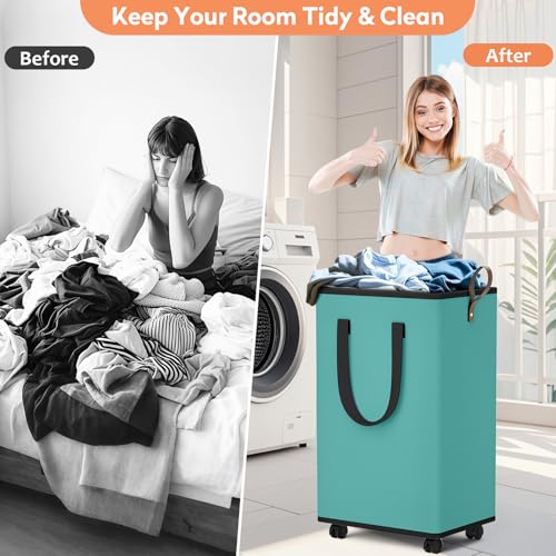SpaceTrove Laundry Basket with Wheels, Collapsible Laundry Baskets, Laundry Hamper with Handles Detachable Wheels, Rolling Laundry Basket, Dirty Clothes Hamper for Bathroom, Dorm, Bedroom, Green, 100L - color: Green, size: 100L