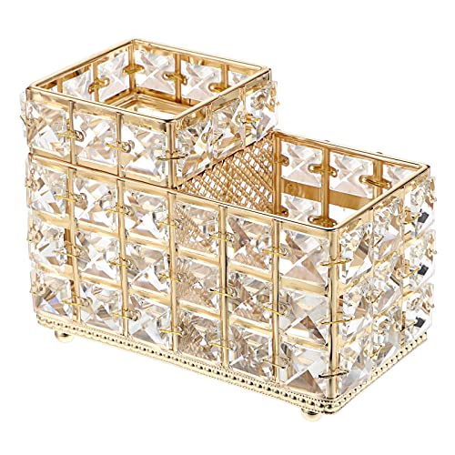 Hipiwe Crystal Remote Control Holder Gold Bling Makeup Brush Organizer Remote Caddy Candle Tabletop Pen Pencil Storage for Dresser Office Bathroom, 2-Slot - style: 2-Slot, Gold