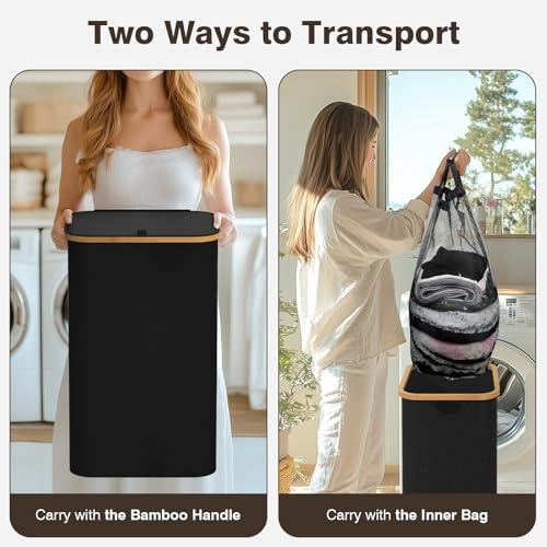 100L Laundry Hamper with Lid, Large Laundry Basket with Bamboo Handles, Clothes Hampers for Laundry with Removable Bag, Dirty Clothes Hampers for Bedroom Aesthetic, Black - color: Black