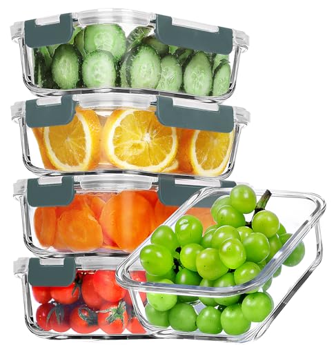 VERONES 5 Pack 36 OZ Glass Meal Prep Containers, Airtight Glass Lunch Containers Set, Glass Food Storage Containers with Lids,Exclusive of BPA, for Microwave, Oven, Freezer & Dishwasher Friendly,Grey - color: Grey