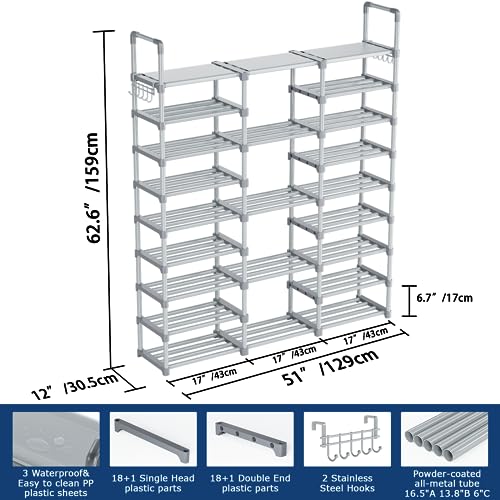 Mavivegue 9 Tiers Tall Shoe Organizer - Vertical Shoe Shelf for 50-55 Pairs, Stackable Racks for Entryway, Closet, Garage - Grey - color: Grey, size: 3 Row 9 Tier