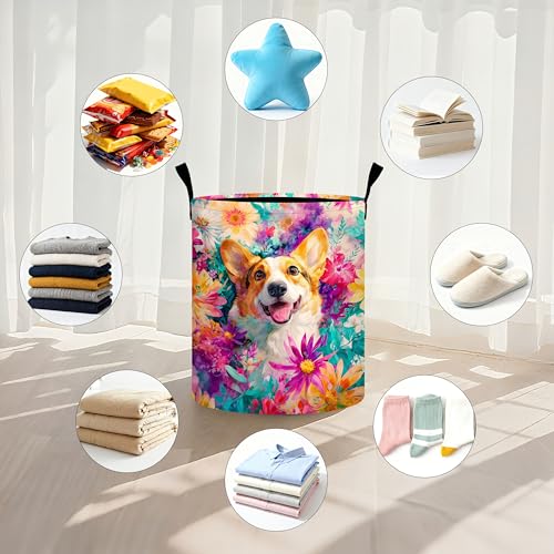 Dog Flower Laundry Basket Storage Bin Foldable Laundry Hamper Clothes Storage Bucket Organizer 19.6x15.7 Inch For Laundry Room/Bedroom/Bathroom - color: Dog Flower
