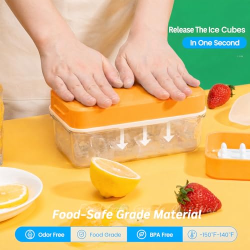 PHINOX Ice Cube Tray with Lid and Bin, Ice Trays for Freezer, Flexible Ice Cube Trays, Making 56 pcs Ice Cubes, Chilling Cocktail, Whiskey, Coffee, with 2 trays, Ice Container, Scoop&Cover, BPA Free - color: Yellow, size: 0.8"-2tier