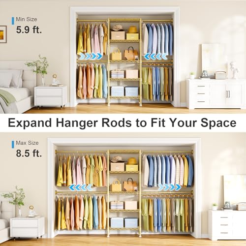 Ulif M2 Wall-Mounted Clothes Rack, Metal Closet System with 4 Expandable Hanger Rods and 5 Metal Shelves, Mount-on-Wall Clothing Storage Organizer in (70.8-102.3)" L x 14.5" D x 71.2" H, Gold - color: Gold, size: M2