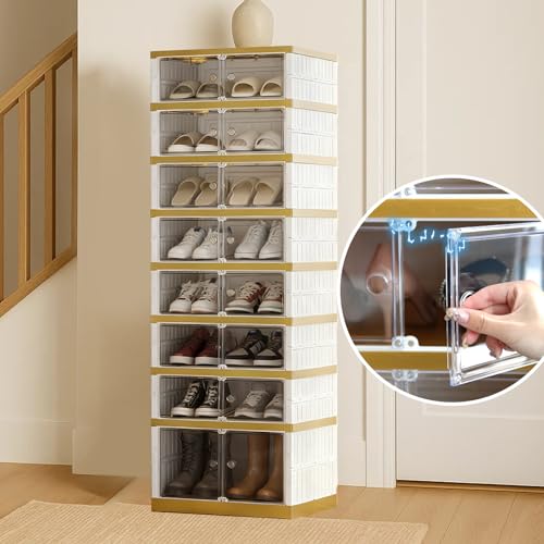 SYNCVIBE Foldable Shoe Rack Organizer Folding Shoe Boxes, 9 Tier 18 Pairs Storage Shoe Cabinet Collapsible Shoe Rack with Magnetic Clear Door Easy Assembly Shoe Cabinet with Wheels, White Gold - color: White and Golden, size: 9 Tier 18 Pairs