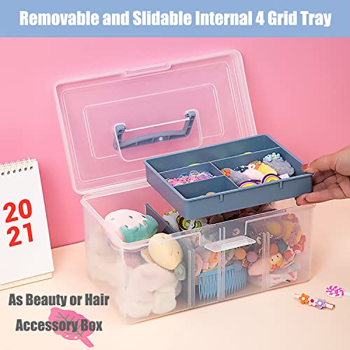 Clear Plastic Arts & Craft Supplies Organizer Box Large with a Removable Tray & A Partition & Handle, Office Home School Desktop Stationery Storage Box, Medicine Box (Clear & Ocean Blue) - color: Clear with Ocean Blue, size: Large