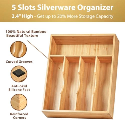 Umilife Bamboo Kitchen Drawer Organizer, 11 Inch Silverware Utensils Tray Holder with Grooved Dividers, 2.4" High Wood Caddy for Flatware Cutlery Knives - size: 11 x 14 inch (5 Slots)