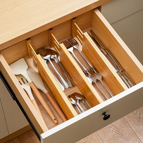 Fabsome Dresser Drawer Organizers 6 Pack, 4.65'' High Adjustable from 17-22‘’ Bamboo Drawer Dividers for Clothing Baby Clothes, Wooden Separators for Dresser Nursery Organization with Soft Foam Ends - size: For 17-22in deep drawers inner size