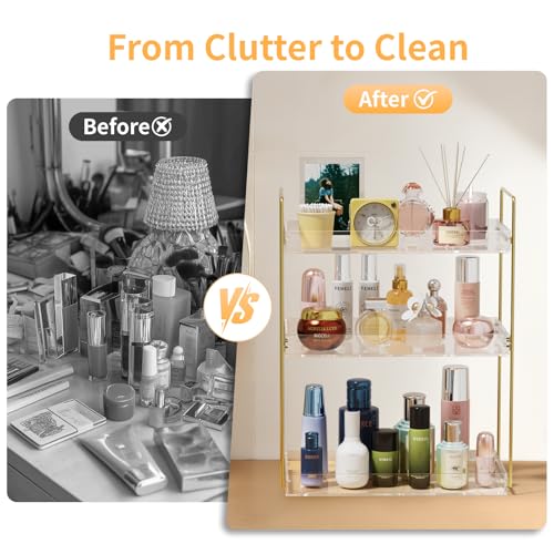 Bathroom Countertop Organizer, 3 Tier Acrylic Tray Vanity Counter Skincare Organizer Shelf, Kitchen Under Sink Standing Rack, Home Storage Holder for Lotion Makeup Cosmetics Perfume Spice, Gold | Vanity Counter, Kitchen Under Sink, Home Storage Holder, fo