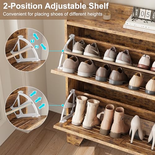 Garvee Shoe Storage Cabinet with 2 Flip Drawers, Freestanding Shoe Organizer Storage for Entryway with 2 Side Hooks, Farmhouse Hidden Slim Narrow Shoe Rack Cabinet, Rustic Brown - color: Rustic Brown, size: 2-Drawers