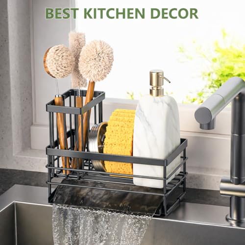 Cisily Sink Caddy Sponge Holder for Kitchen with Brush Holder and Stainless Steel Self Drain Tray, Rustproof Kitchen Sink Organizer for Sponge, Soap Dispenser Storage Accessories (Gray) - color: Gray