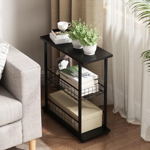PROXRACER Side Table, 3-Tier End Table, Narrow Sofa Table Bedside Table for Living Room, Study, Bedroom, Small Nightstand with Storage Shelf and Fence,Black - color: Black, size: W/ Fence