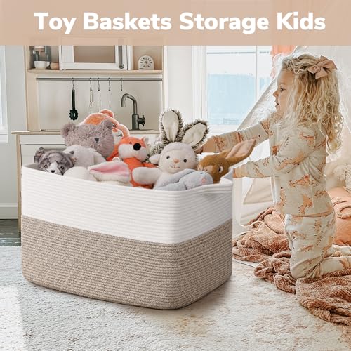 Goodpick Large Blanket Basket 22" x 17" x 12" Woven Storage Baskets for Organizing, Rectangle Cotton Rope Basket for Living Room Bedroom, Toy Baskets Storage Kids, White & Brown - color: Light Brown, size: 22"L x 17"W x 12"H