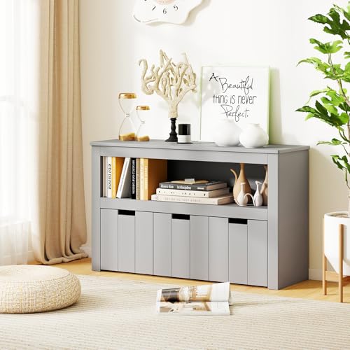GLACER Toy Storage Organizer, Wooden Montessori Shelf with 3 Movable Drawers, Hidden Wheels, Toy Box for Boys and Girls, Kids Storage Organizer for Playroom, Nursery, Kindergarten, Living Room (Gray) - color: Gray