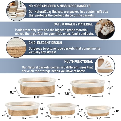 NaturalCozy 5-Piece Rectangle Storage Basket Set- Natural Cotton Rope Woven Baskets for Organizing! Small Basket for Montessori, Baby Nursery, Dog Toy Baskets, Cat Toy Box, Bathroom Organization Bin - color: Off White & Jute