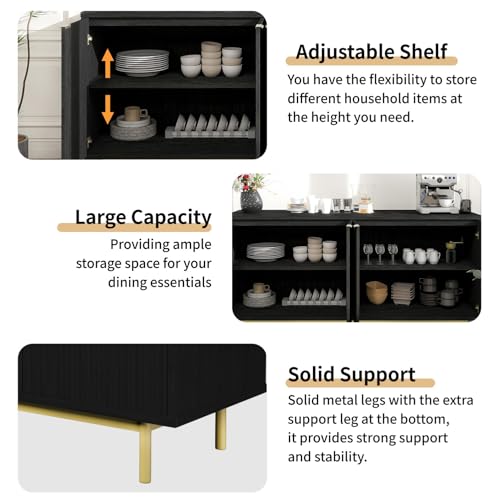MUUEGM Sideboard Buffet Cabinet with Storage, 58" Large Kitchen Storage Cabinet with Shelves and 4 Fluted Doors, Modern Console Table for Kitchen, Dining Room, Hallway(Black) - color: Black