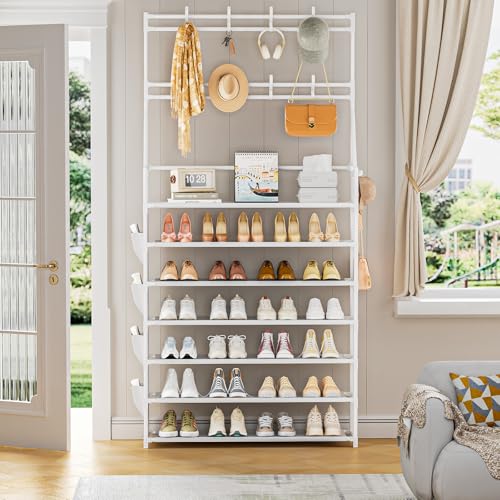 OYREL Shoe Rack 7 Tier Sturdy Shoe Racks for Closet Shoes Organizer for 28-35 Pairs Large Capacity Shoe Storage Rack with Multifunctional 5 Hooks and Side Pocket for Entrance Entryway - color: White, size: 7 Tier