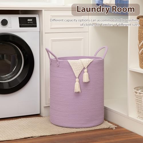 OIAHOMY Large Laundry Basket Hamper - 60L Cotton Rope Woven Basket for Blankets, Toys, Clothes - Tall Decorative Nursery Hamper with Long Handles, Purple - color: Purple, size: 60L