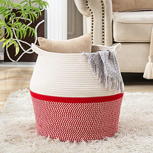 KAKAMAY Woven Baskets for Storage(17"x17"),Large Cotton Rope Woven Baby Laundry Hamper,Collapsible Laundry Basket, Blanket Basket for Organizing Living Room,Nursery,Pillows,Toy Chest(Red) - color: Red