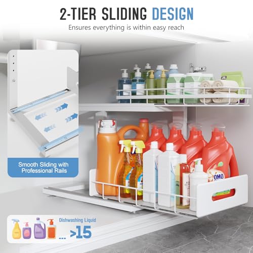 Under Sink Organizer Upgrade To Professional Rails,2-Tier Dual Pull Out Cabinet Storage,Height Adjustable Slide Out Drawers For Bathroom Kitchen,2 Pack-18.5"Dx12.8"-16.9"H,White - color: White, size: 2 Pack-18.5"Dx12.8"-16.9"H